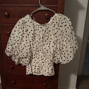 White Polka Dot Puff-Sleeve Peplum Blouse